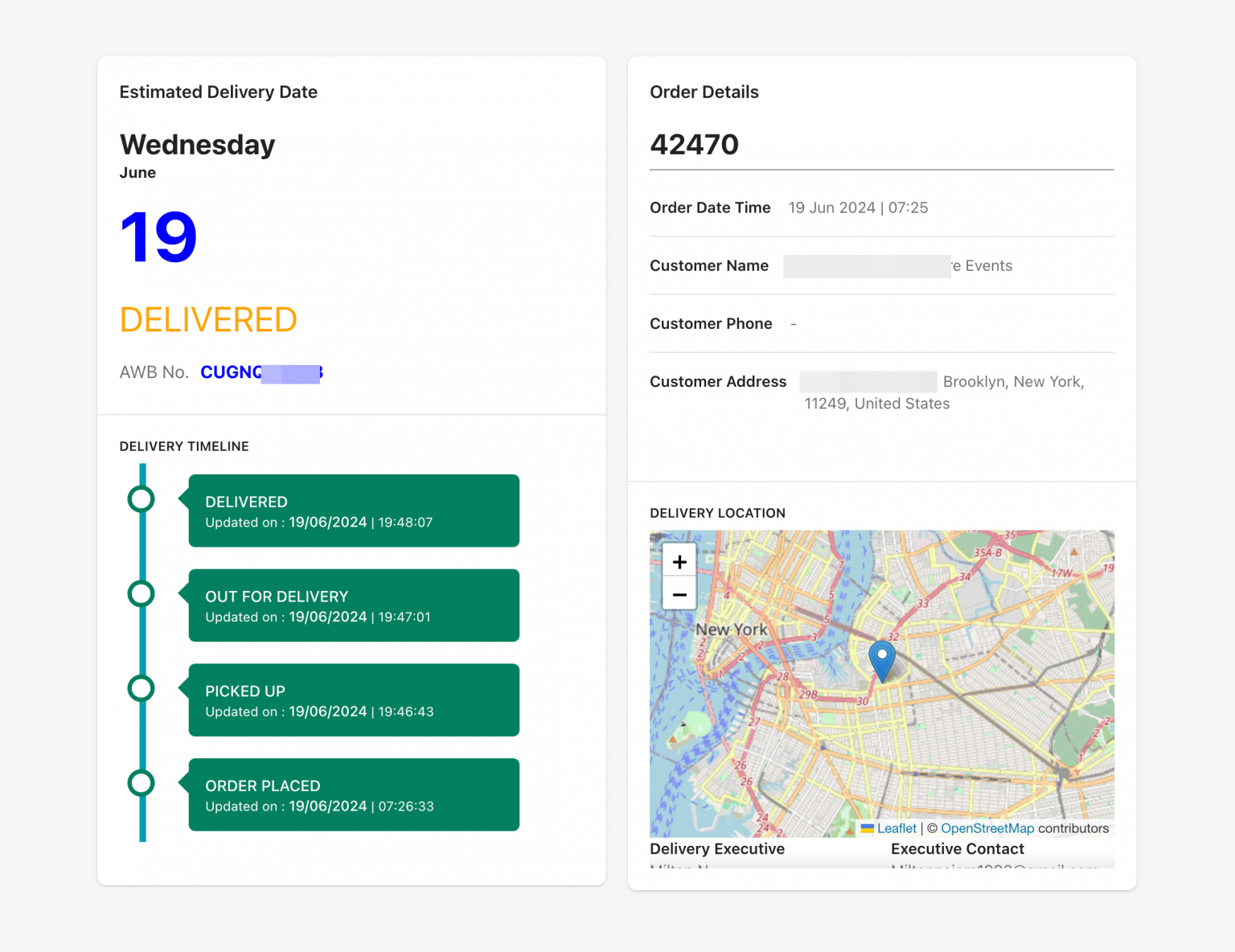 An order tracking view with a delivery timeline from order placed to delivered, next to a map