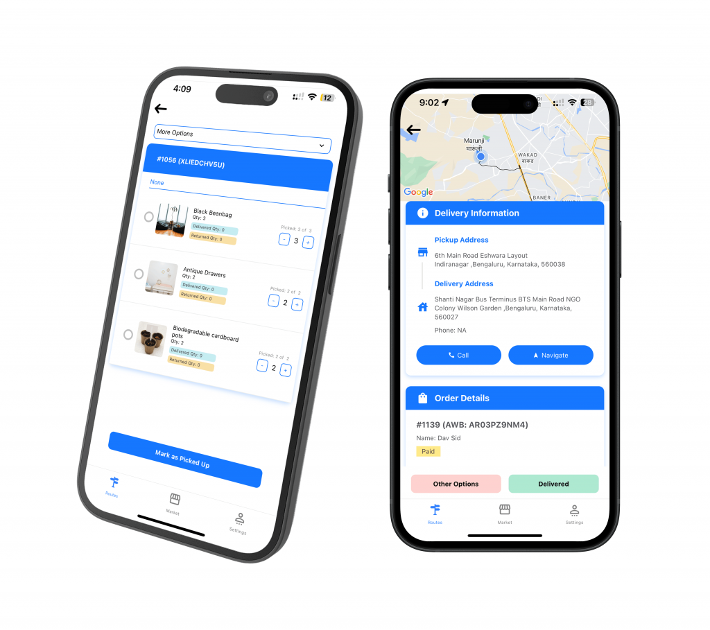 Two driver app screens: item pickup for an order, and delivery information with a map