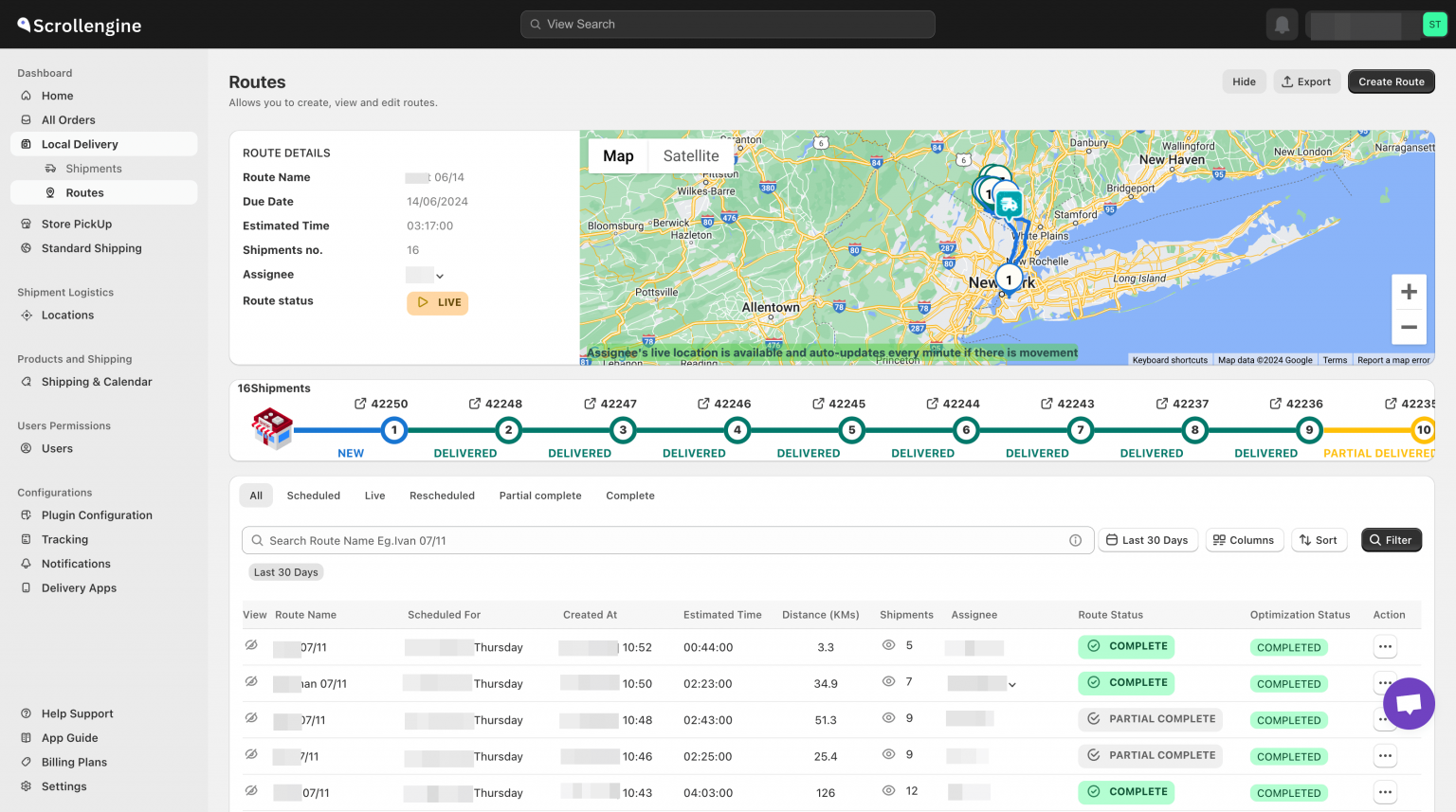 The routes dashboard with a map of the New York area and a table of routes and their status